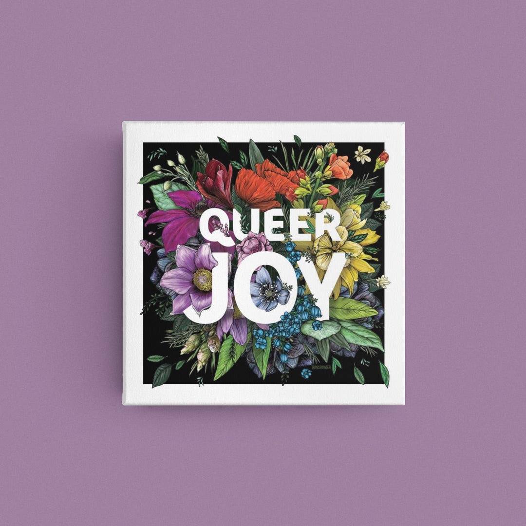 queer joy in rainbow florals on a square canvas