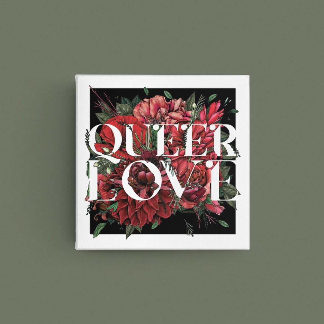 Queer love poster with white lettering over red roses for a valentines LGBTQ gift